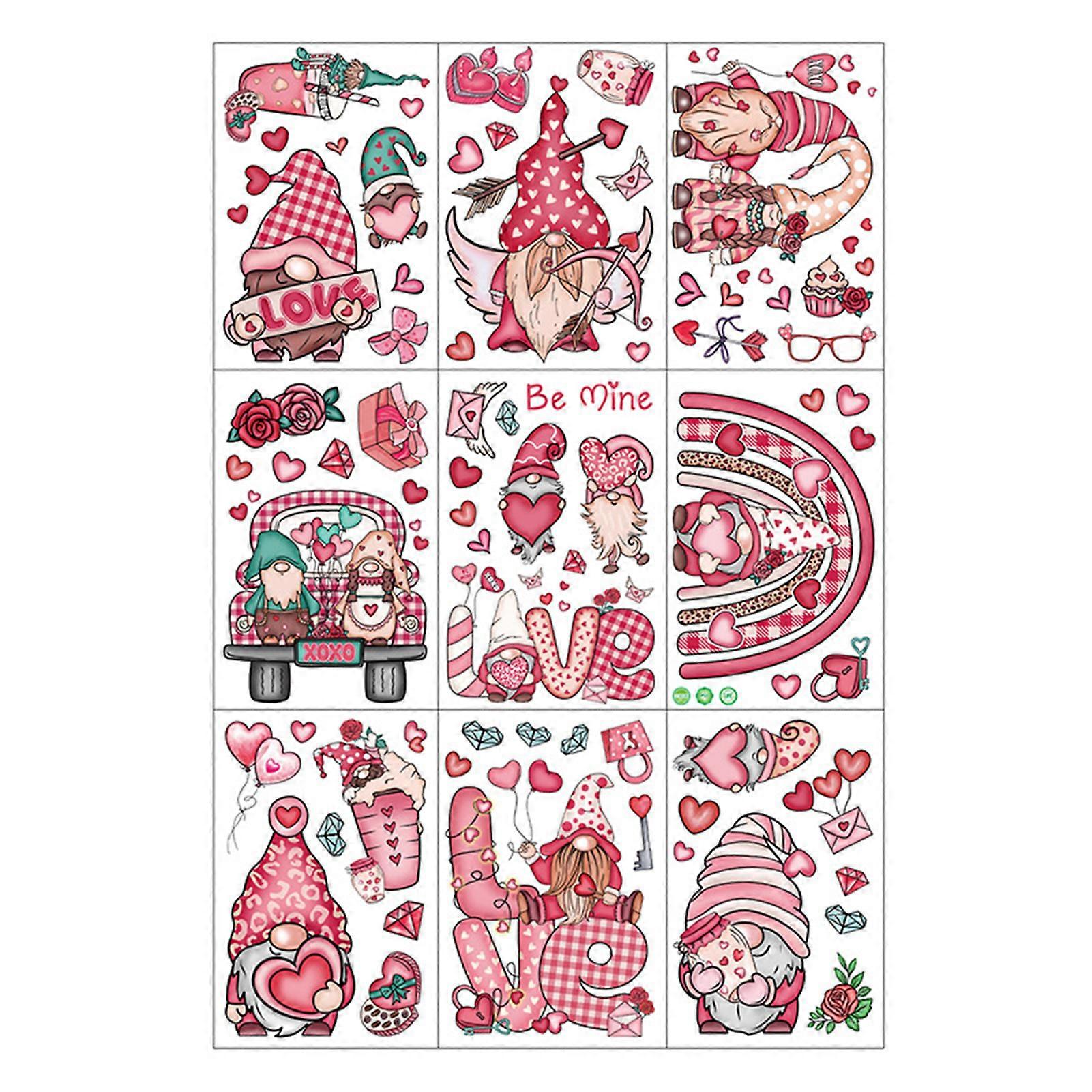 9Pcs Valentine's Day Window Stickers Gnome Dwarf Design with Rich Heart Shape Create Atmosphere Decoration Love-themed Window Clings