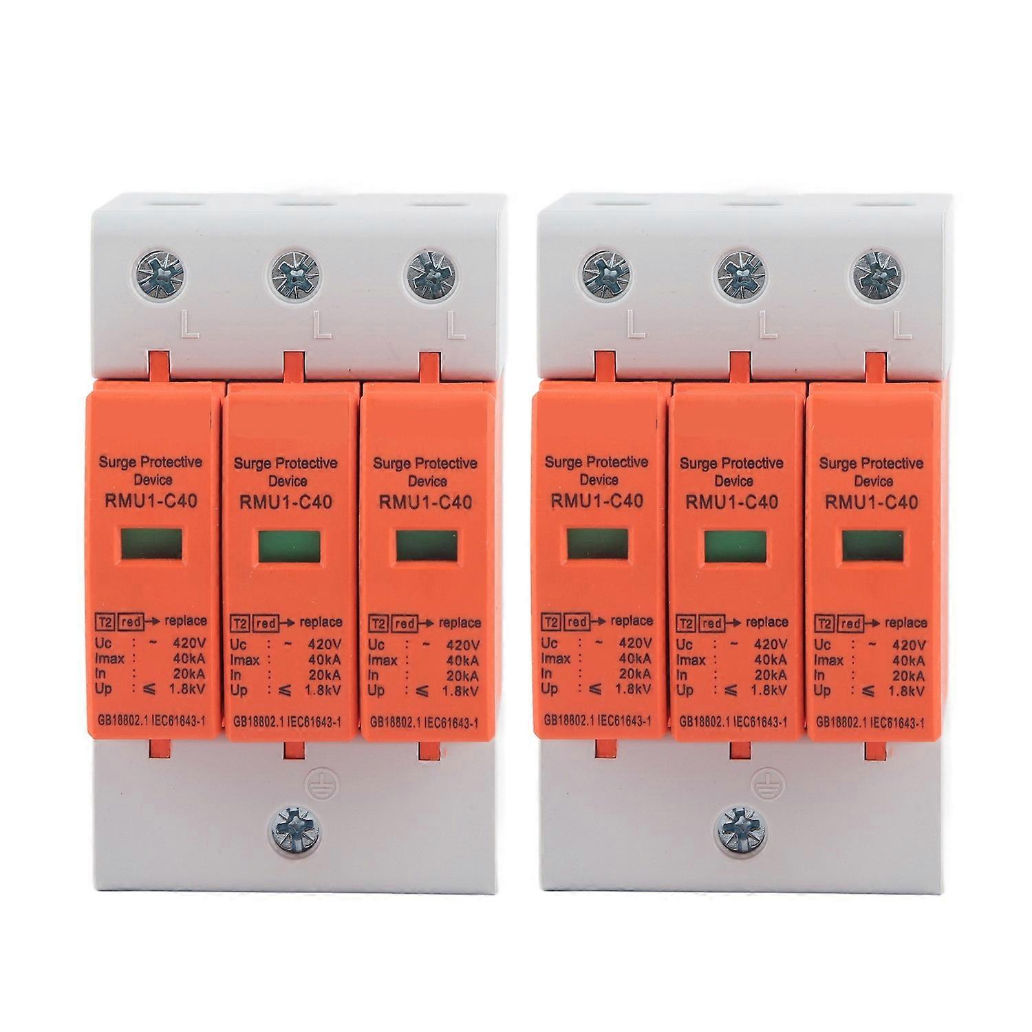 2Pcs Surge Protective Device Din Rail Mount House 3P Arrester Protector AC 420V RMU1‑C40
