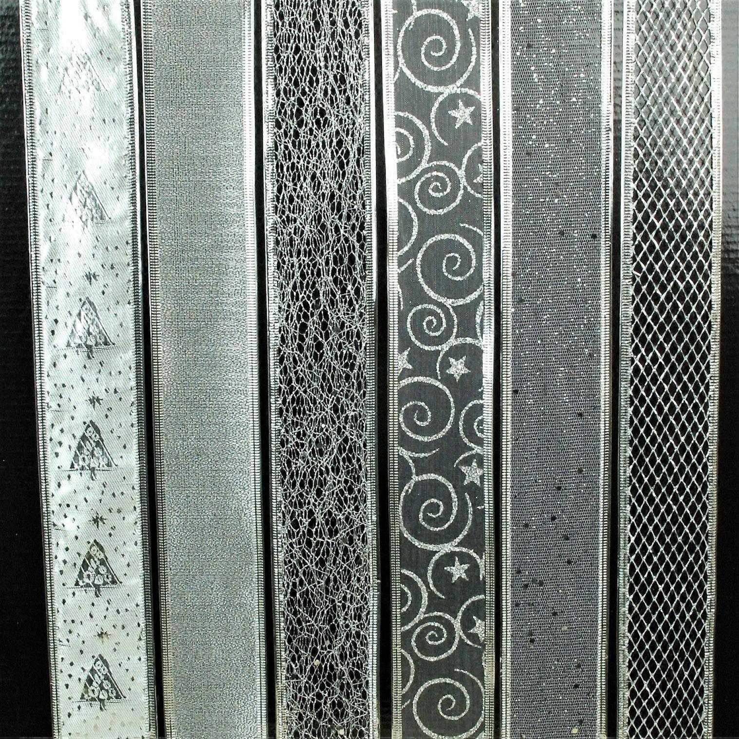 Pack Of Six Patterned Silver Ribbons 2.7m X 5cm