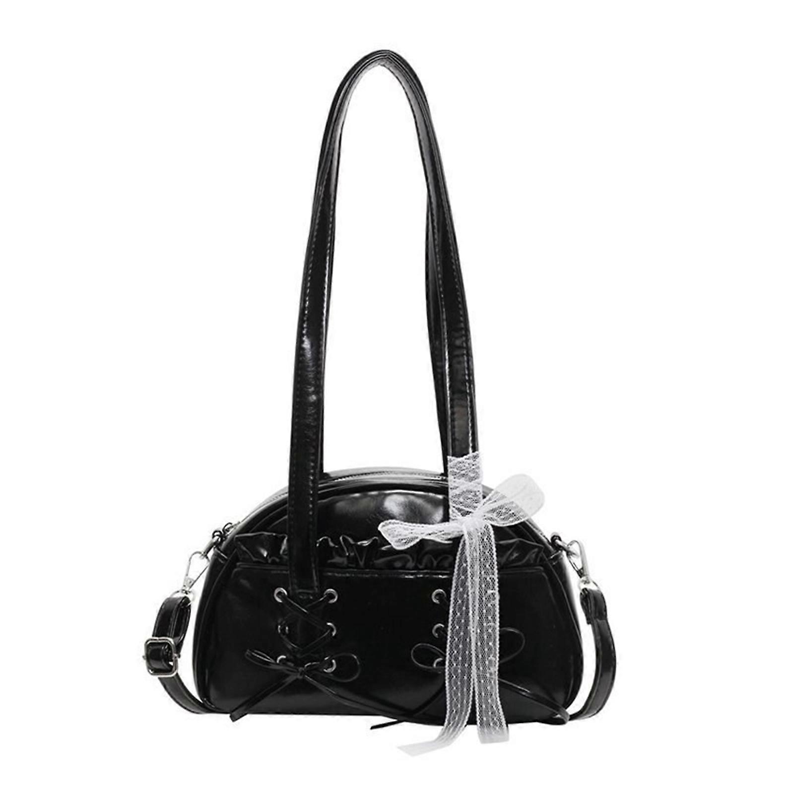 フェミニンなレースとリボンの装飾が施されたスタイリッシュな枕の形をしたハンドバッグPUショルダーバッグ通勤用のレトロな脇の下の財布ブラック