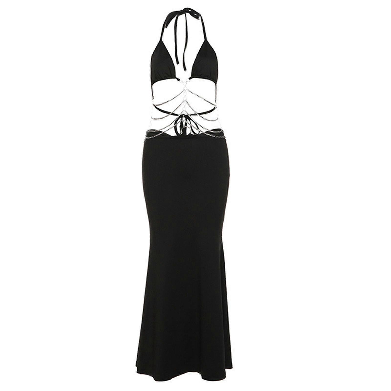 Women Halter Straps V-Neck Ruched Butt Long Bodycon Dress Sexy Backless  Hollowed Out Metal Chain Package Hip Dresses Black L