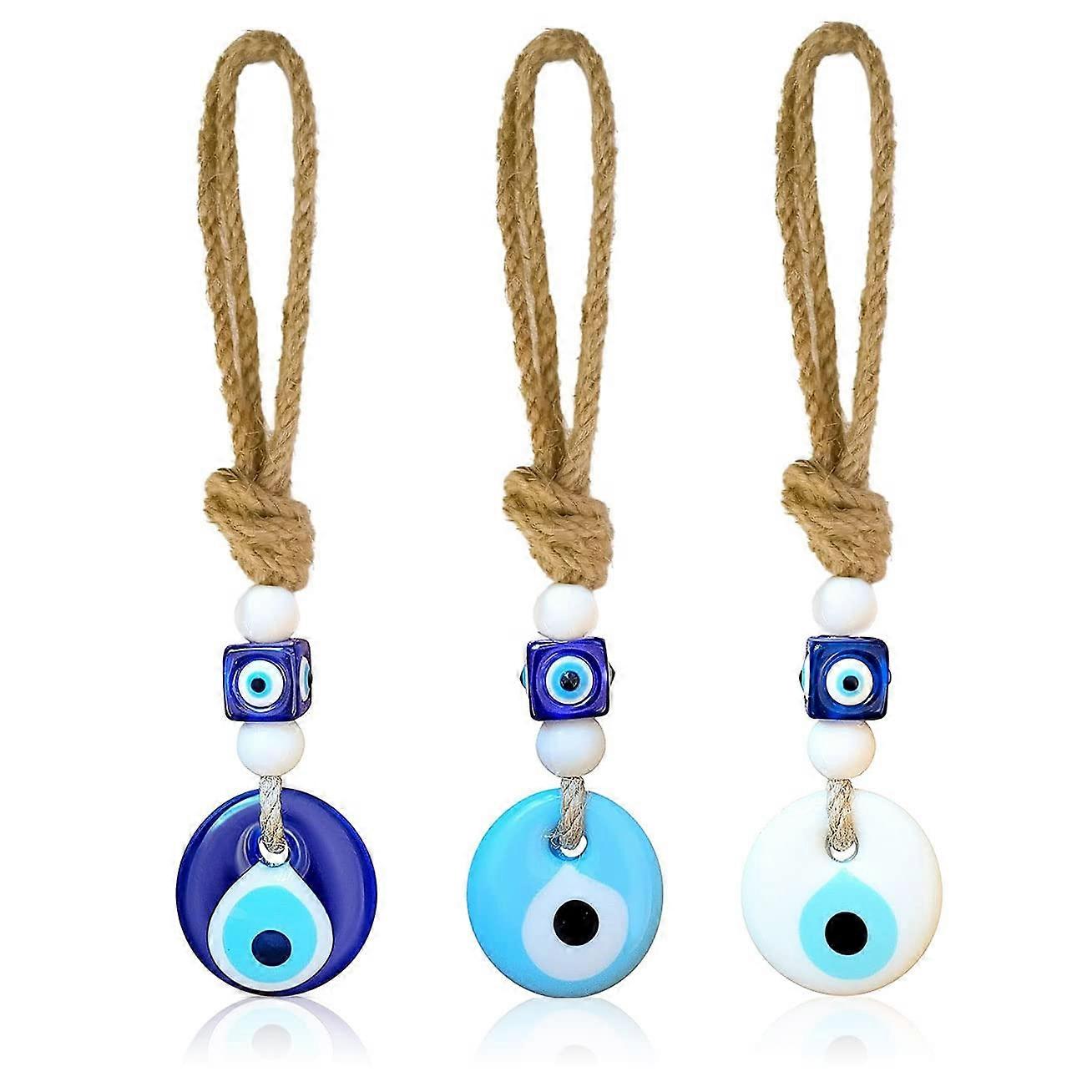 Evil Eye Car Hanging Accessories - Handmade Rear View Mirror Ornament Set - Home Nazars in Navy Blue, White, Light Blue