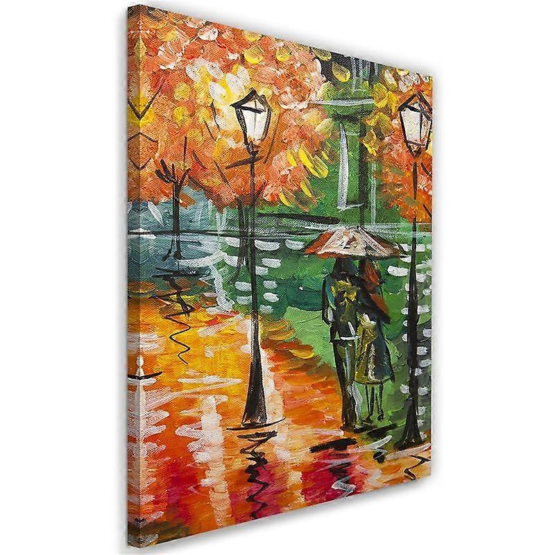 Impression sur toile, Automne pluvieux sur une route avec des lanternes - 80x120