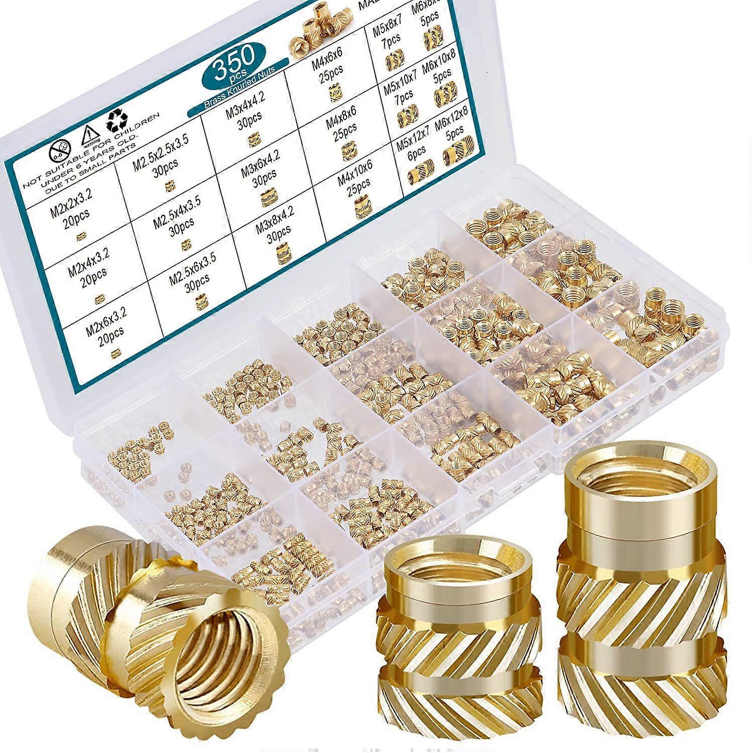 350Pcs Threaded Inserts Heat Set Insert M2 M2.5 M3 M4 M5 M6 Metric Knurled Nuts Assortment Kit Brass Threaded Inserts