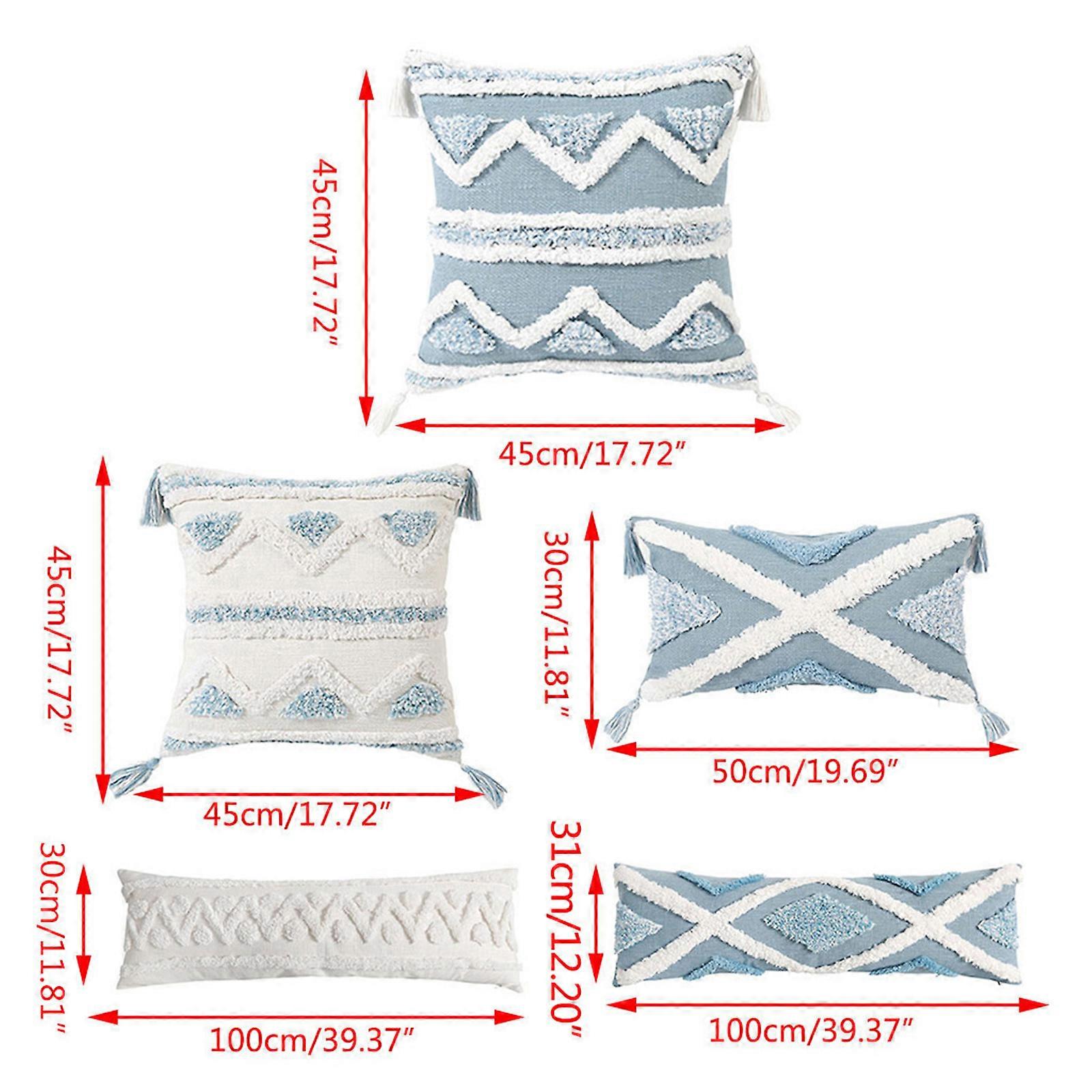 Bohemian Macrame Tufted Tassel Long Throw Pillow for Case Blue Beige Textured Fringe Tribal Decorative Cushion Cover  PE9086E 1A