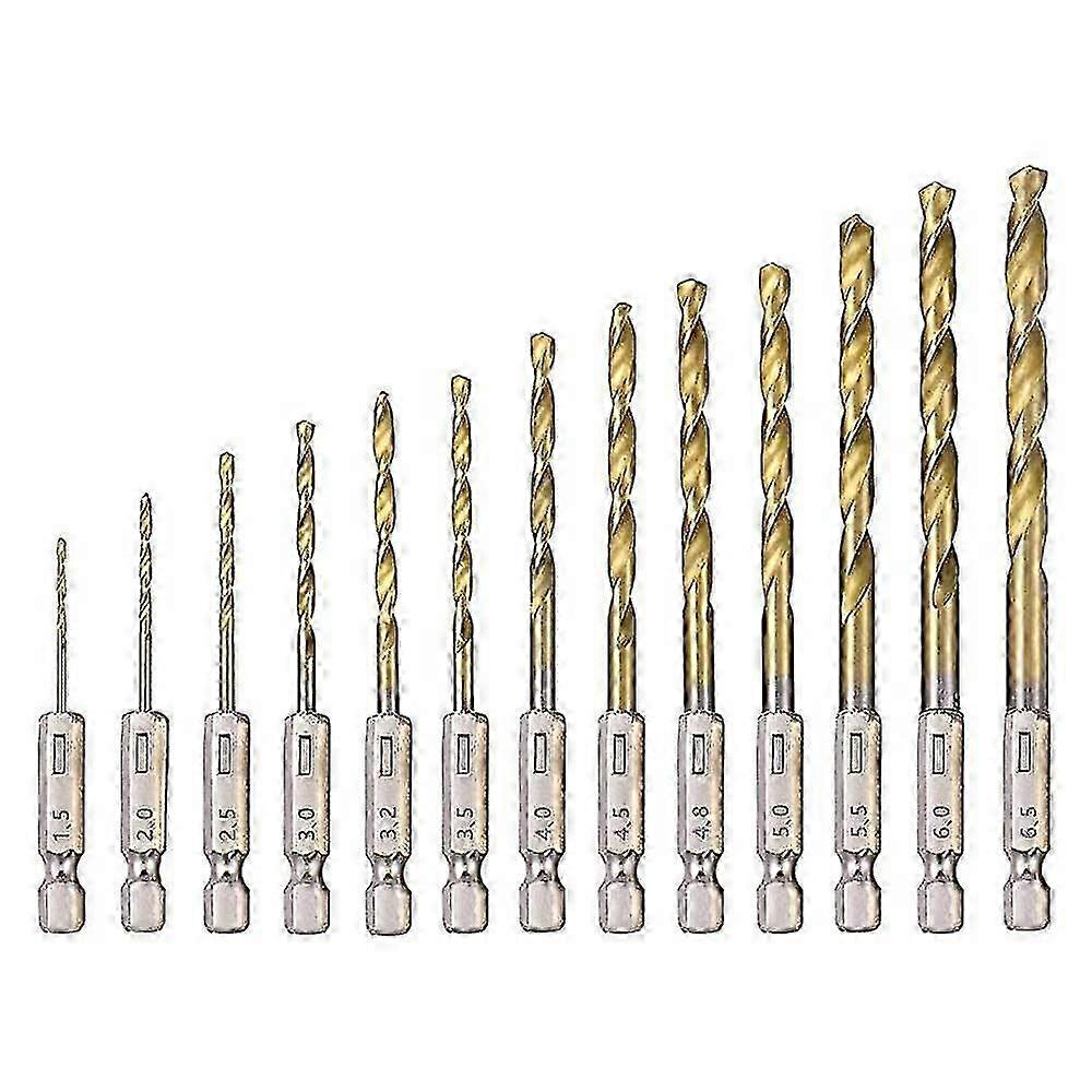 13pcs High Speed Steel Hex Drill Bits Set with Titanium Coating, Sizes Range from 1.5mm to 6.5mm, Suitable for Various Applications