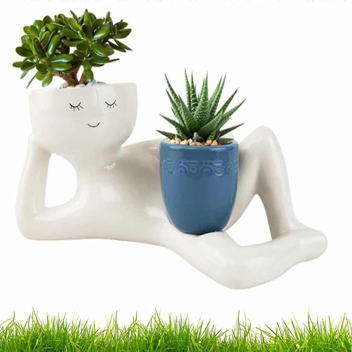 Lazy Guy Planter Pots for Indoor Plants, Unique Prone Figure (Blue)
