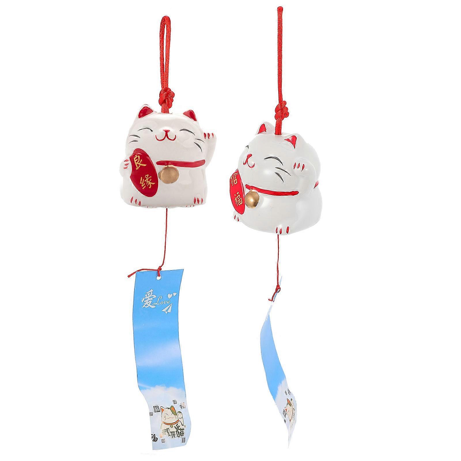 Wind Chime Decoration Red Ceramic Fortune Cat Hanging Bells Interior Environment 2Pcs
