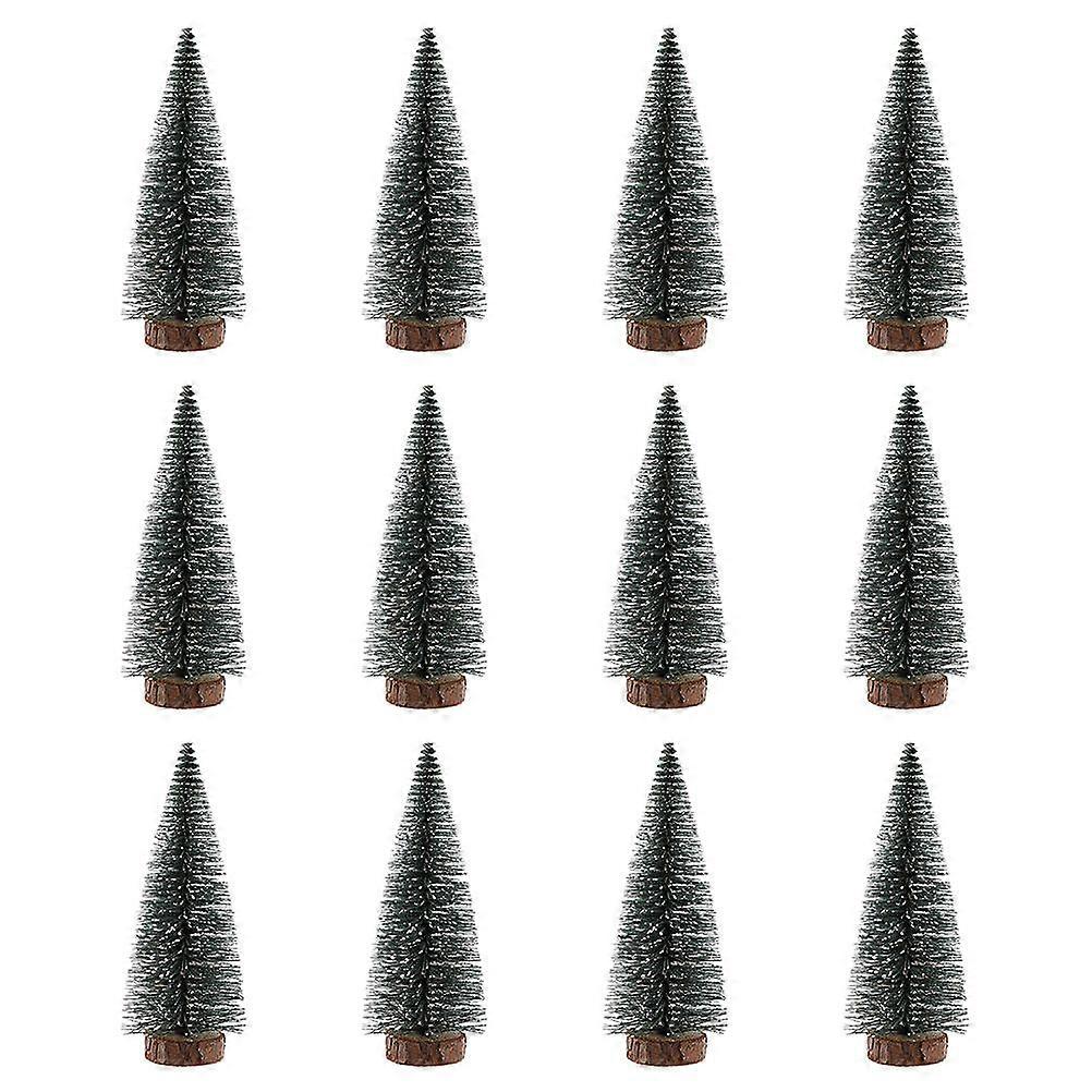 12pcs Mini Christmas Tree Decorations with Wooden Base – Flocked Pine Desktop Ornaments for Home, Party & Holiday Displays – Festive Miniature Tree