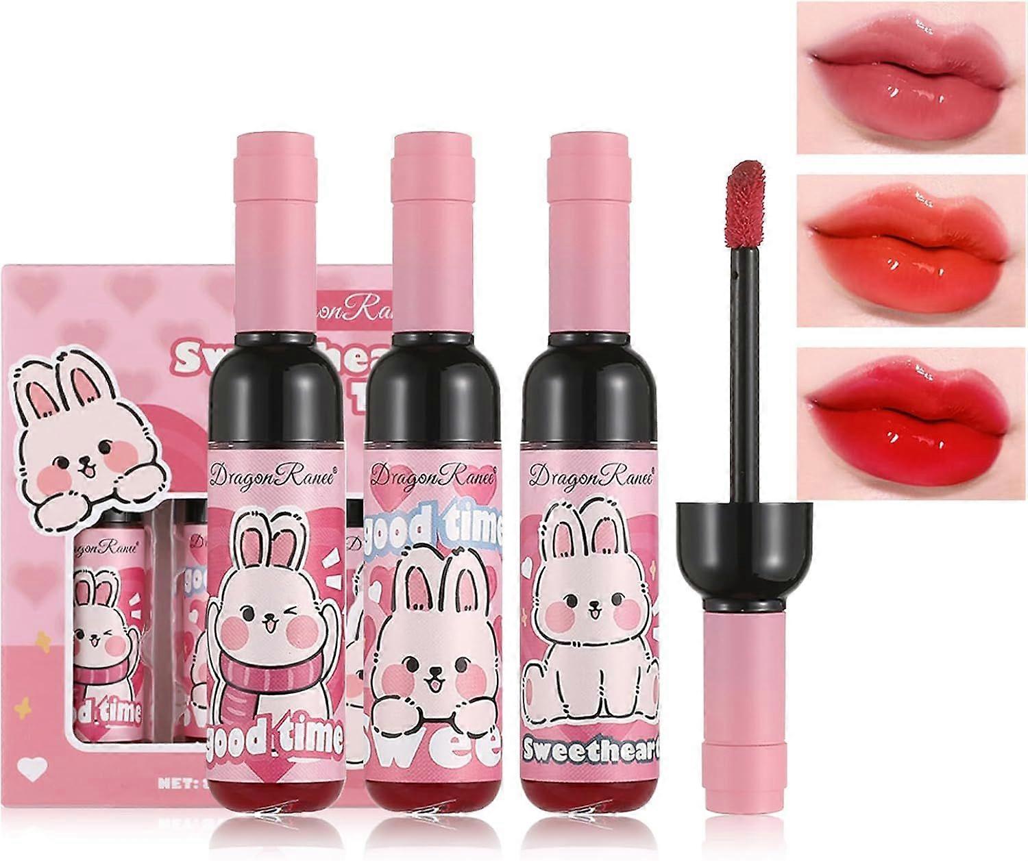 3Pcs Lip Tint Stain Set, Wine Bottle Lip Tint Stain Set, Matte Finish Velvet Lip Stain, Watery Lip Stain Long Lasting Waterproof Non-sticky High Pigme
