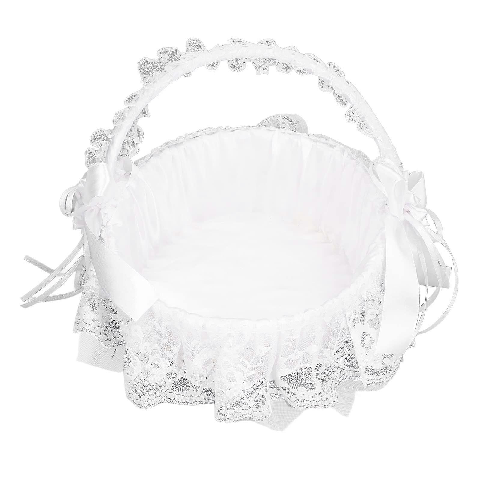 Decorative Basket, Flower Girl Bride Hand Decoration with Foldable Handle, Multifunctional Bow with Lace