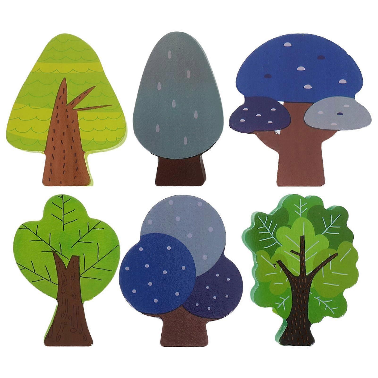 6 pieces miniature wooden trees for railway sets, intricately painted for creative scene building with wooden train tracks and model railways.