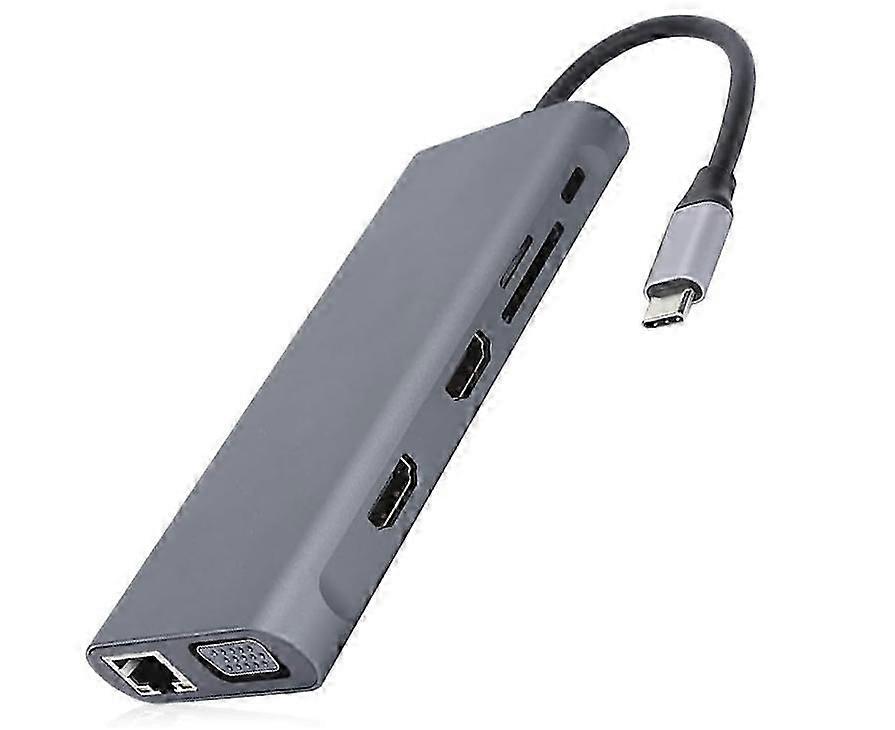 Typ C Hub Multiport Adapter, tragbar 12 in 1 USB 3.0 für HDMI VGA PD USB Hub für OS X Laptop Docking Station Adapter (Grau)