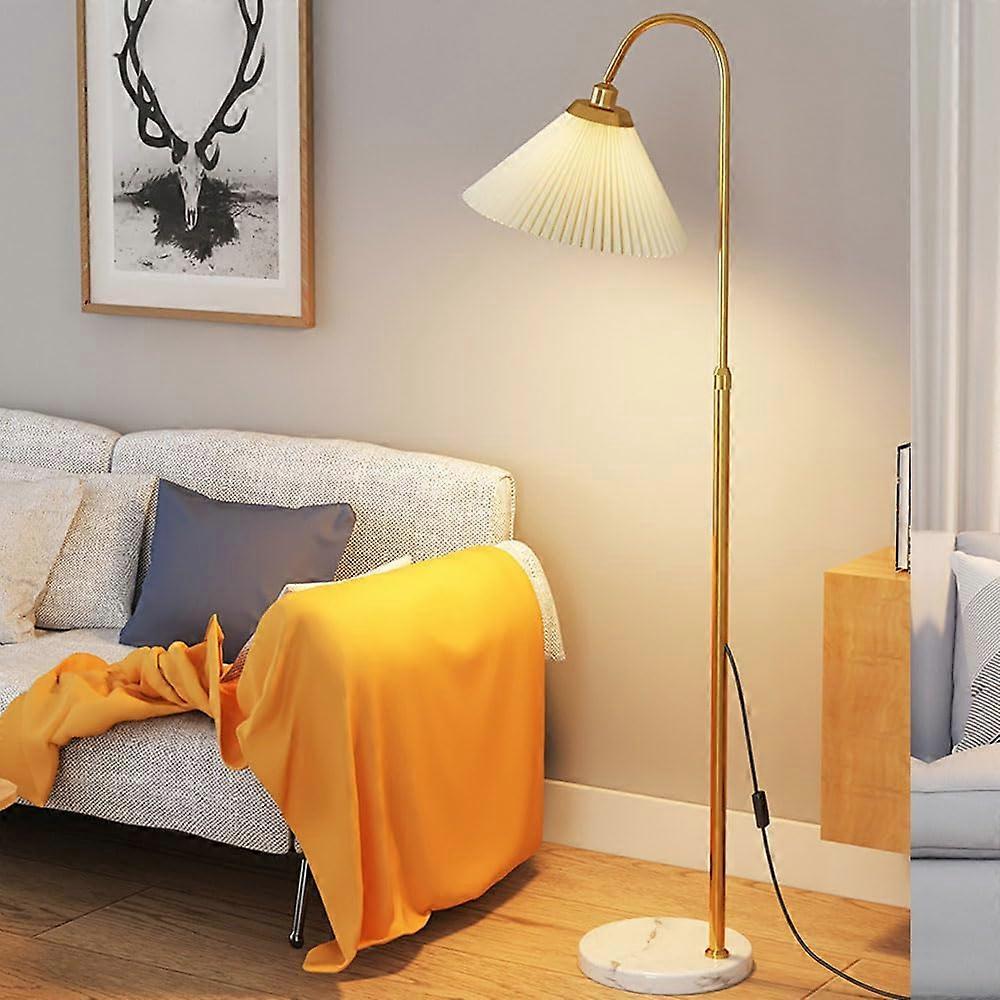 Modern floor lamp for living room, pleated shade, pushbutton switch, marble base, adjustable metal stem