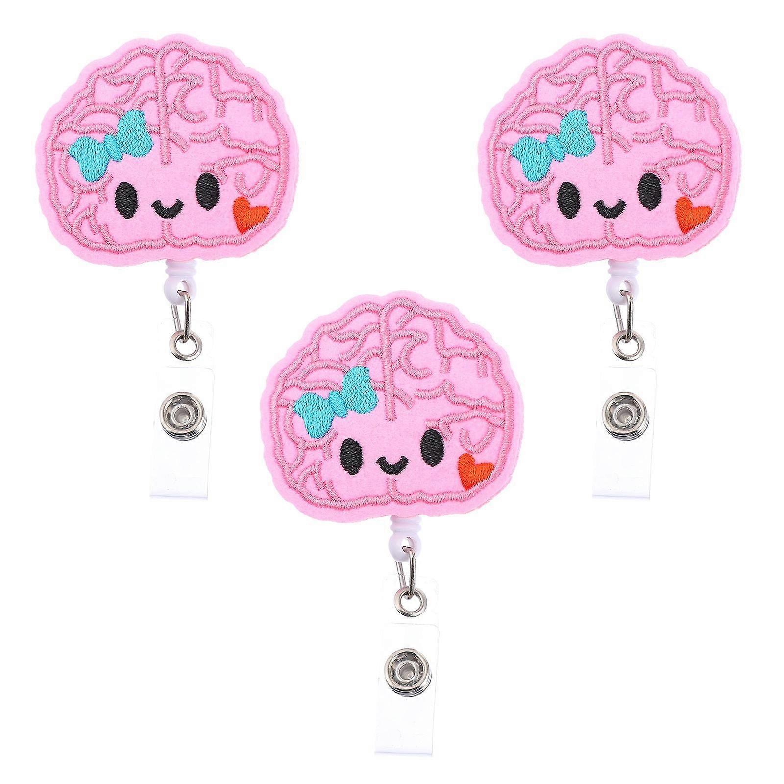 Felt Badge Reel 3Pcs Cartoon Brain Shaped Retractable Badge Holder For Nurses Teachers Students Featuring Material Pink Color