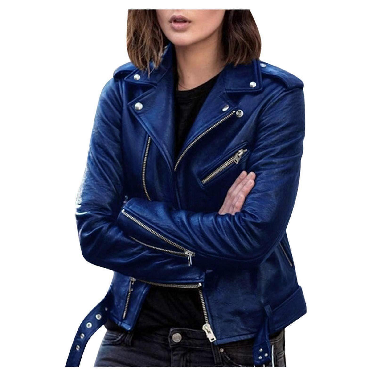 Motorcycle Jacket Women's Oversize Leather Jacket Biker Bomber - Lightweight Faux Leather Blue Size L