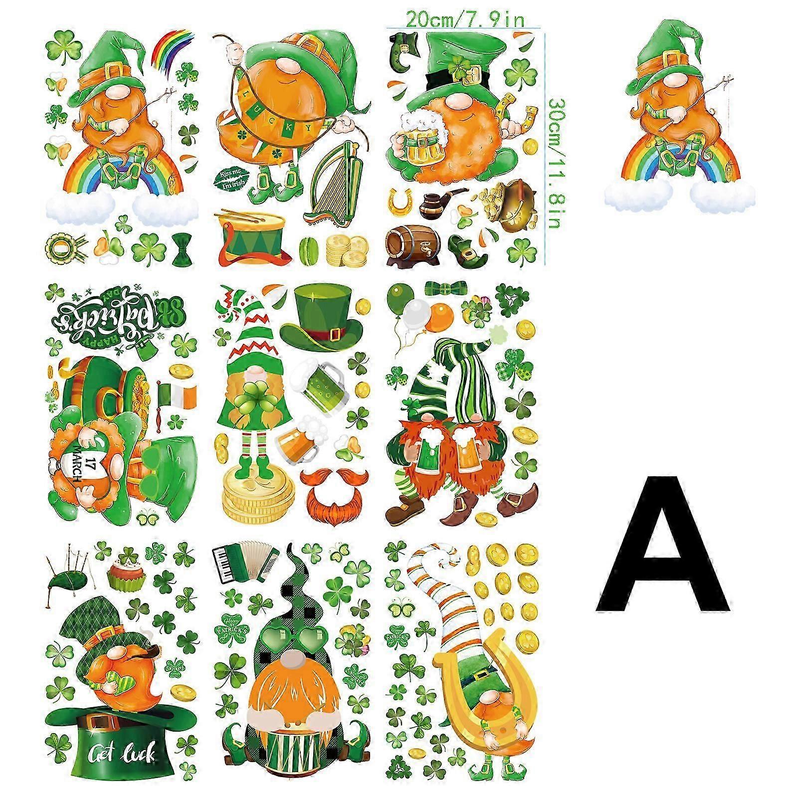 St. Patricks Day Window Clings Decorations, Gnome Leprechaun Window Stickers, Green Shamrock Gold Coins St. Patrick's Day Double-Sided Decals for Holi