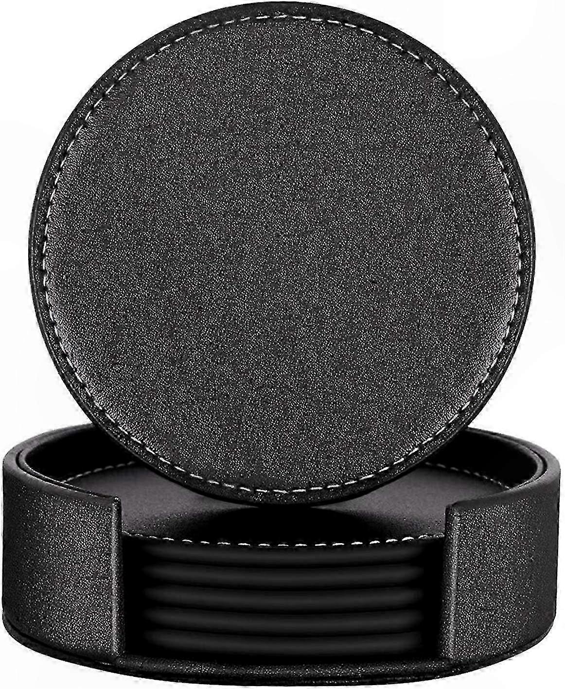 2024 sottobicchieri rotondi con supporto - Set da 6 pezzi di sottobicchieri in pelle PU nera resistente al calore per uso domestico e in ufficio