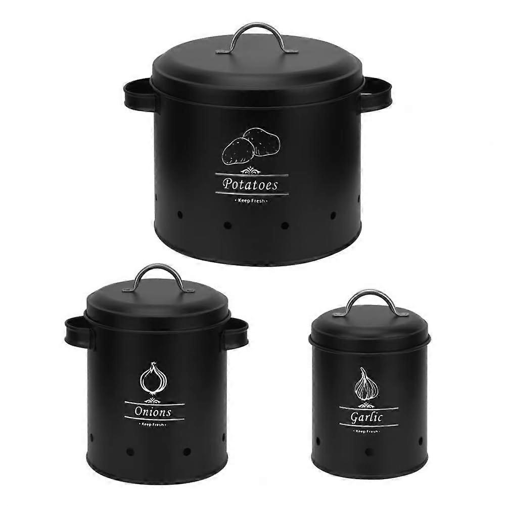 3Pcs Metal Storage Bucket Set LargeCapacity 360Degree Ventilation Multipurpose Garlic Potato Storage Box Black