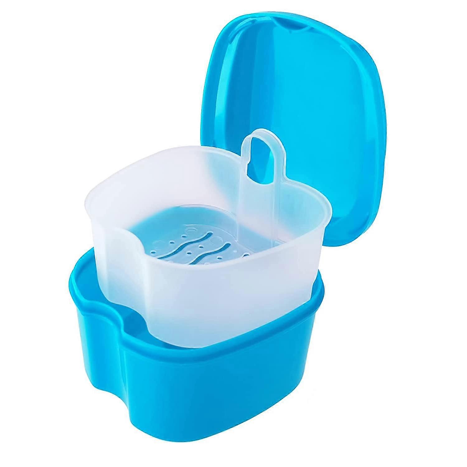 Denture Bath Case Portable Orthodontic Dental Retainer Box False Teeth Storage Container, light blue