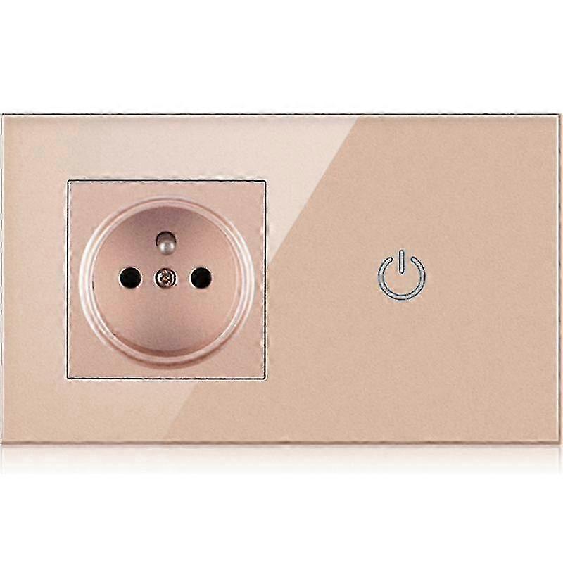 EU Power Outlet Socket Gold Glass Panel Touch Light Switch 100V~250V French Wall Electrical Socket
