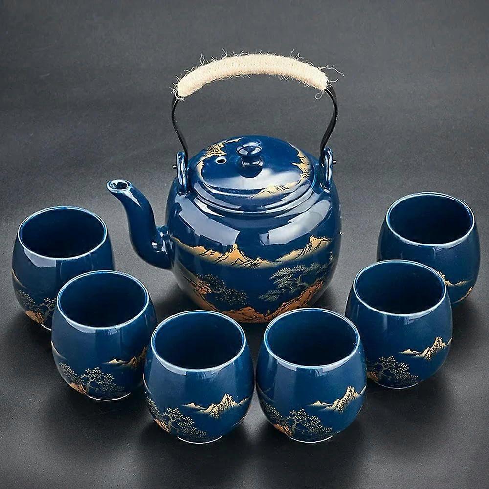 Black Glazed Tea Set With Ceramic Handle LargeCapacity Teapot And 6 Cups Model 01