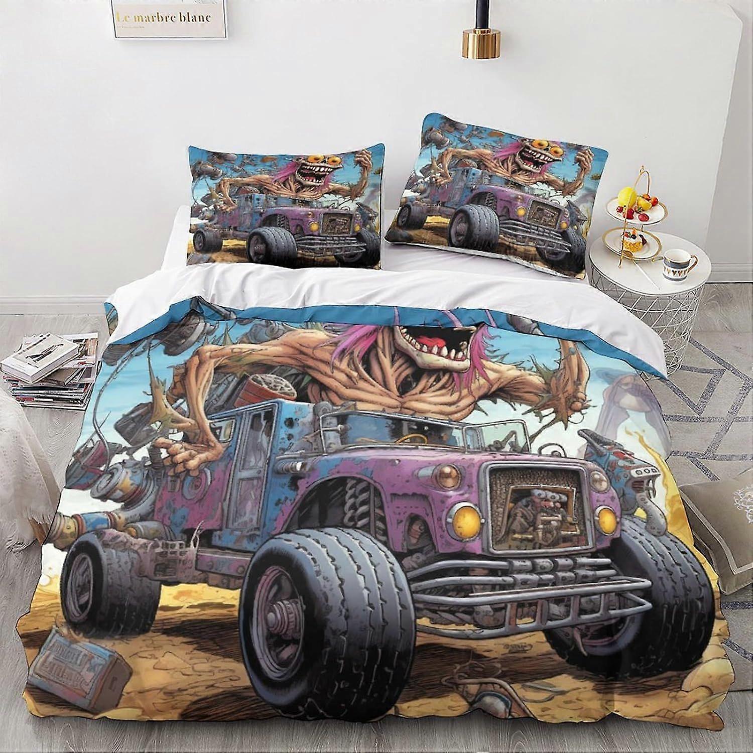 LikeEj monstro edredom capa conjunto, 3D vintage carro roupa de cama conjunto com fronhas de microfibra & fecho com zíper colcha caso desenhos animados impresso efeito duplo
