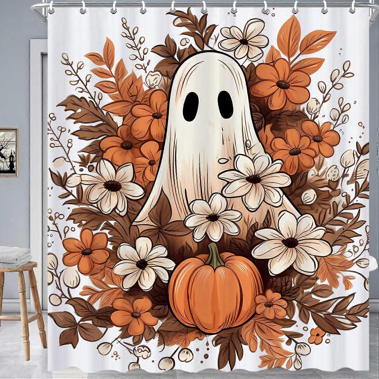 Halloween Shower Curtain Set Waterproof Ghost Pumpkin Design for Bathroom 72x72 with 12 Hooks