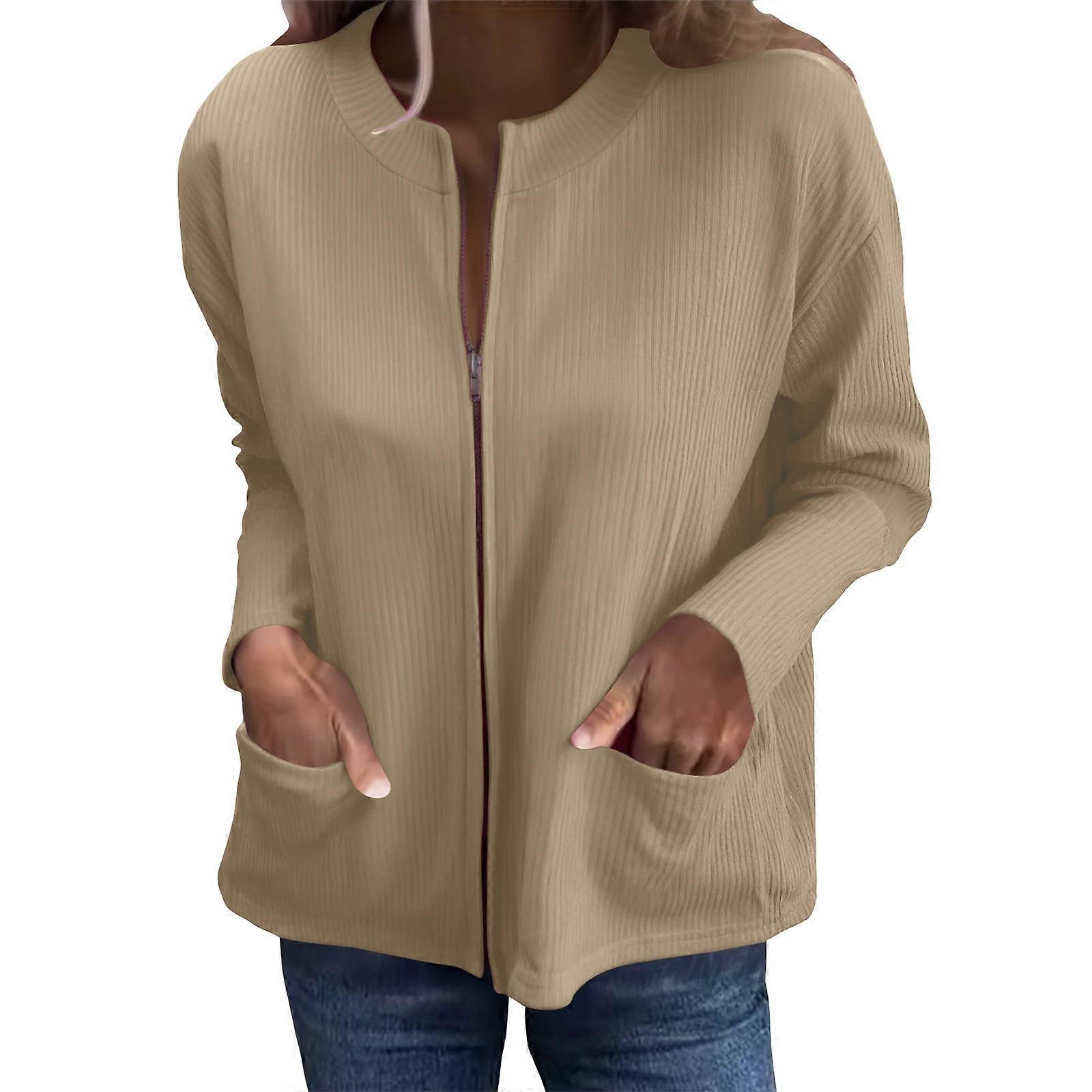 Modern Women's Knit Jacket Full Length Zipper Closure Stand Collar Sweater Coat Outerwear With Functional Side Pockets  Yellow XL