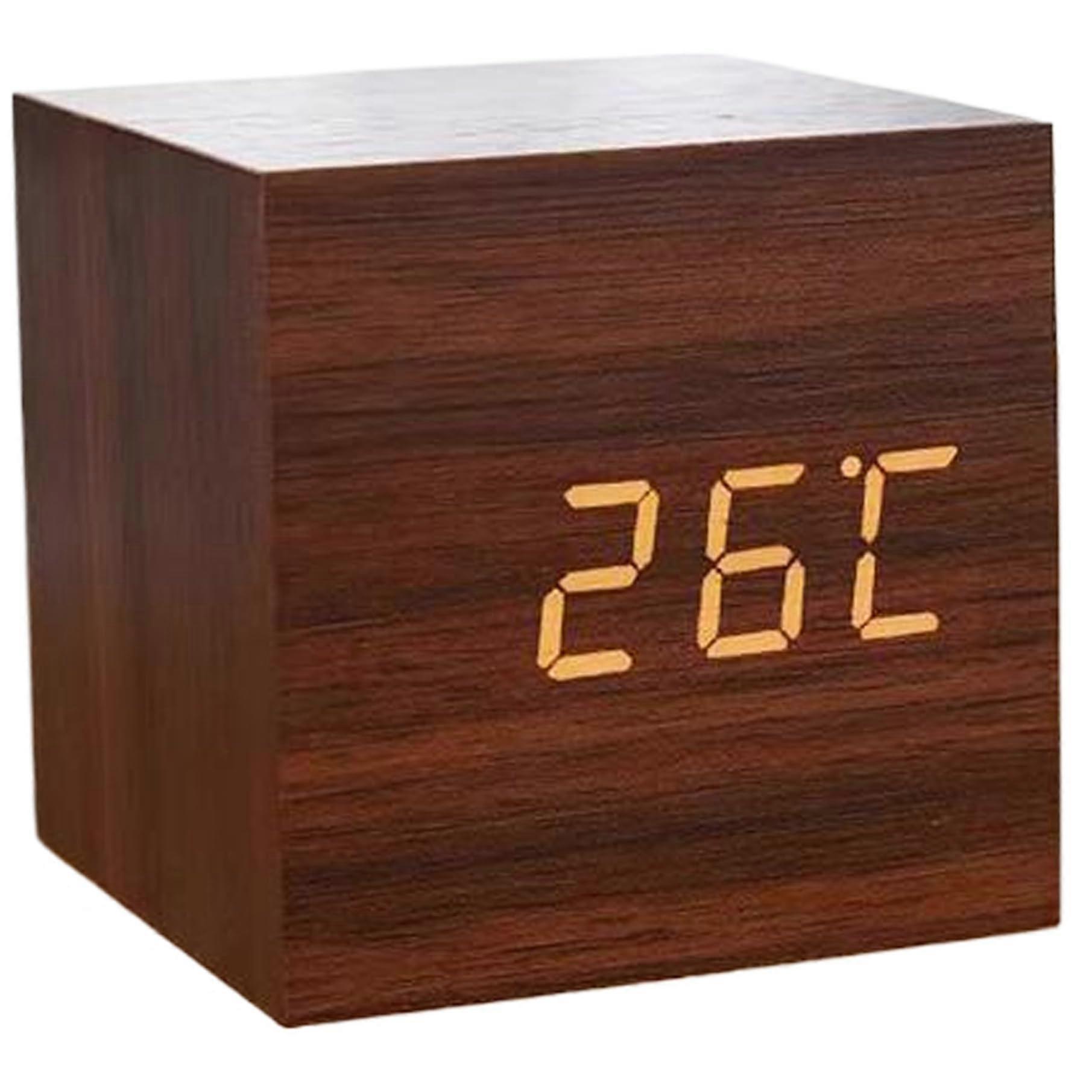 Wooden LED Digital Alarm Clock with Temperature Date Display USB Battery Powered for Home Office