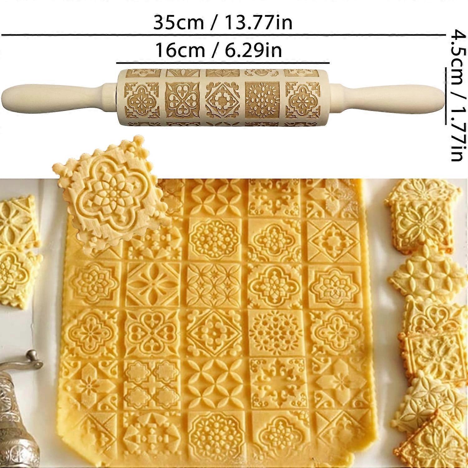 Wooden Rolling Pin for Christmas 3D DIY Engraved Embossing Rolling Pins with Xmas Reindeer Flower Pattern for Baking Cookies