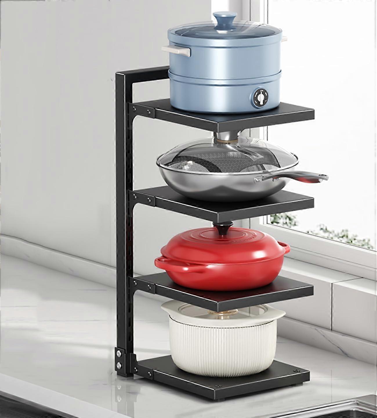 Pot and Pan Organizer Rack, 4 Tier Adjustable Cookware Storage with SpaceSaving Vertical Design, Black