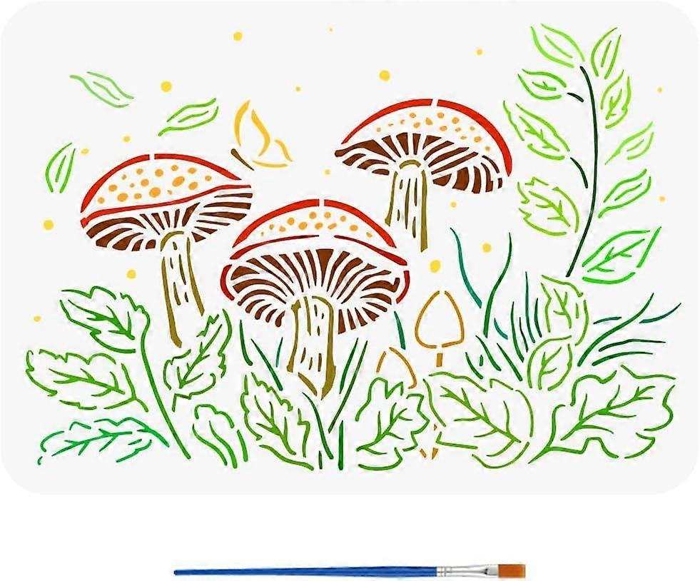 Jungle Pattern Stencils with a Paint Brush 11.7x8.3Inch Reusable Mushrooms Stencils Leaves Painting Stencils Butterflies Stencils Plant Themes Butterf