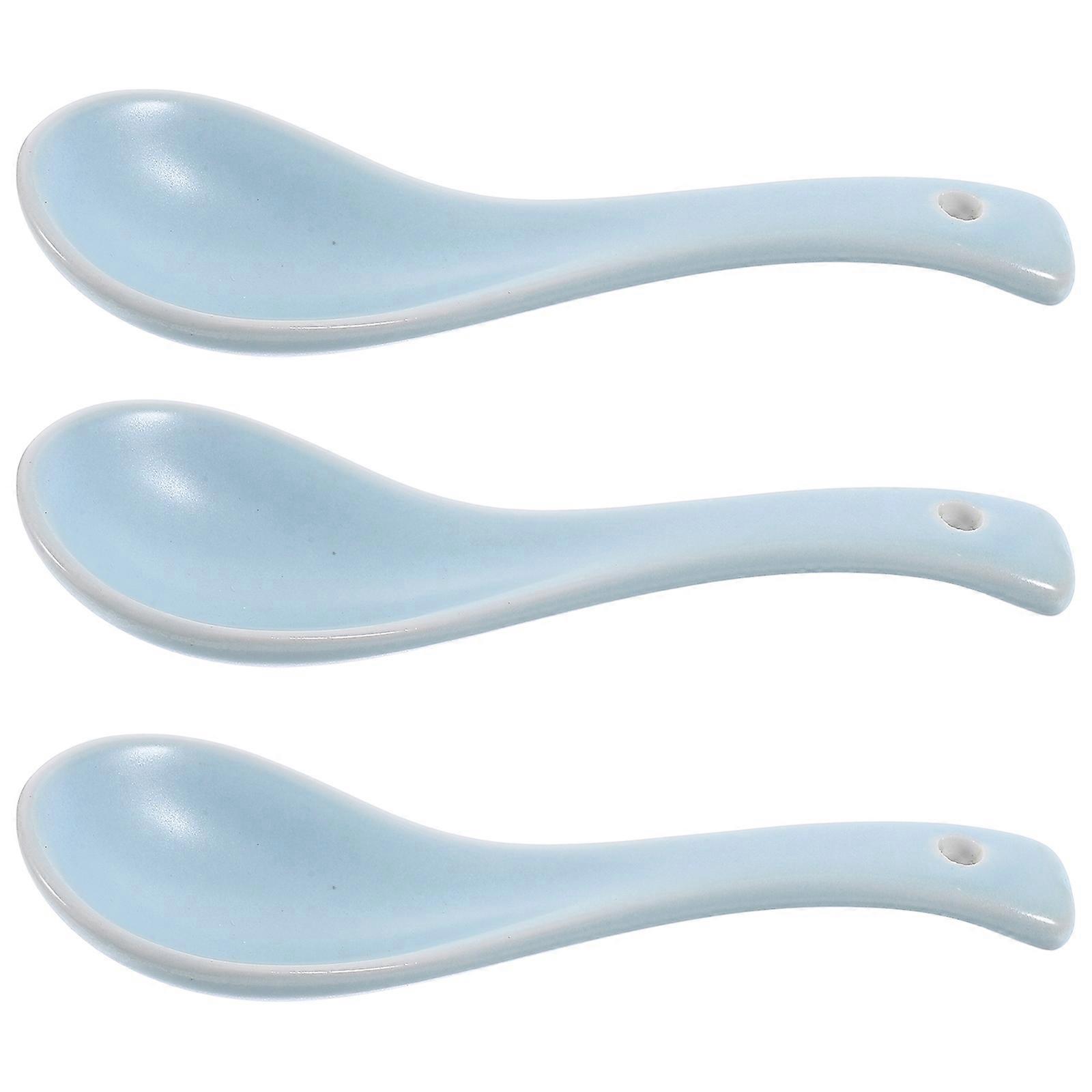 Short Handle Ceramic Soup Spoon for Kitchen Use 12Pcs Sky-Blue Spoons