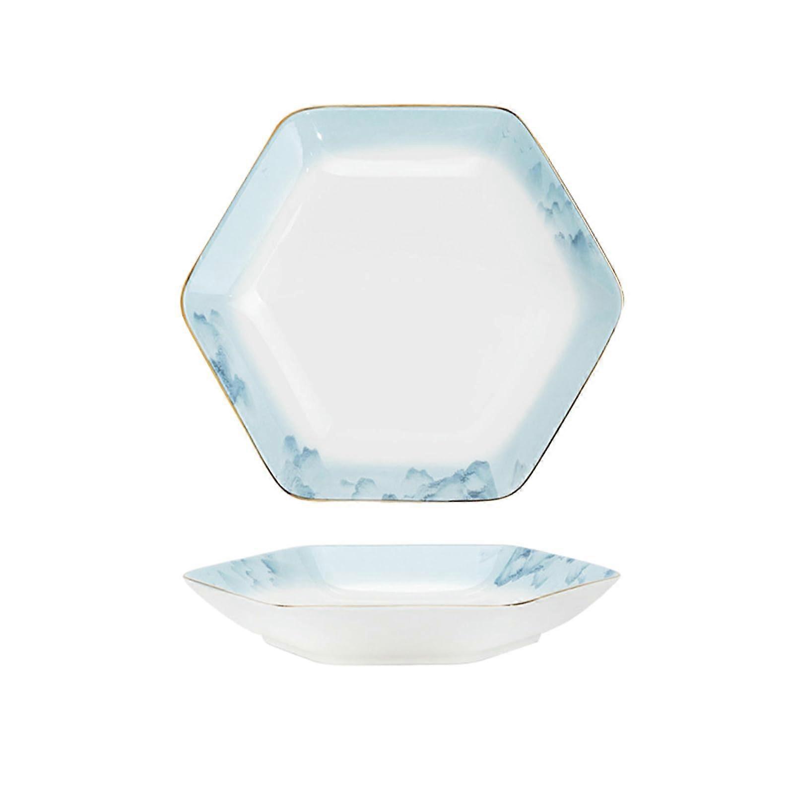 Chinese Porcelain Dinnerware Hexagonal Glazed Ceramic Plate with Landscape Design Microwave Safe