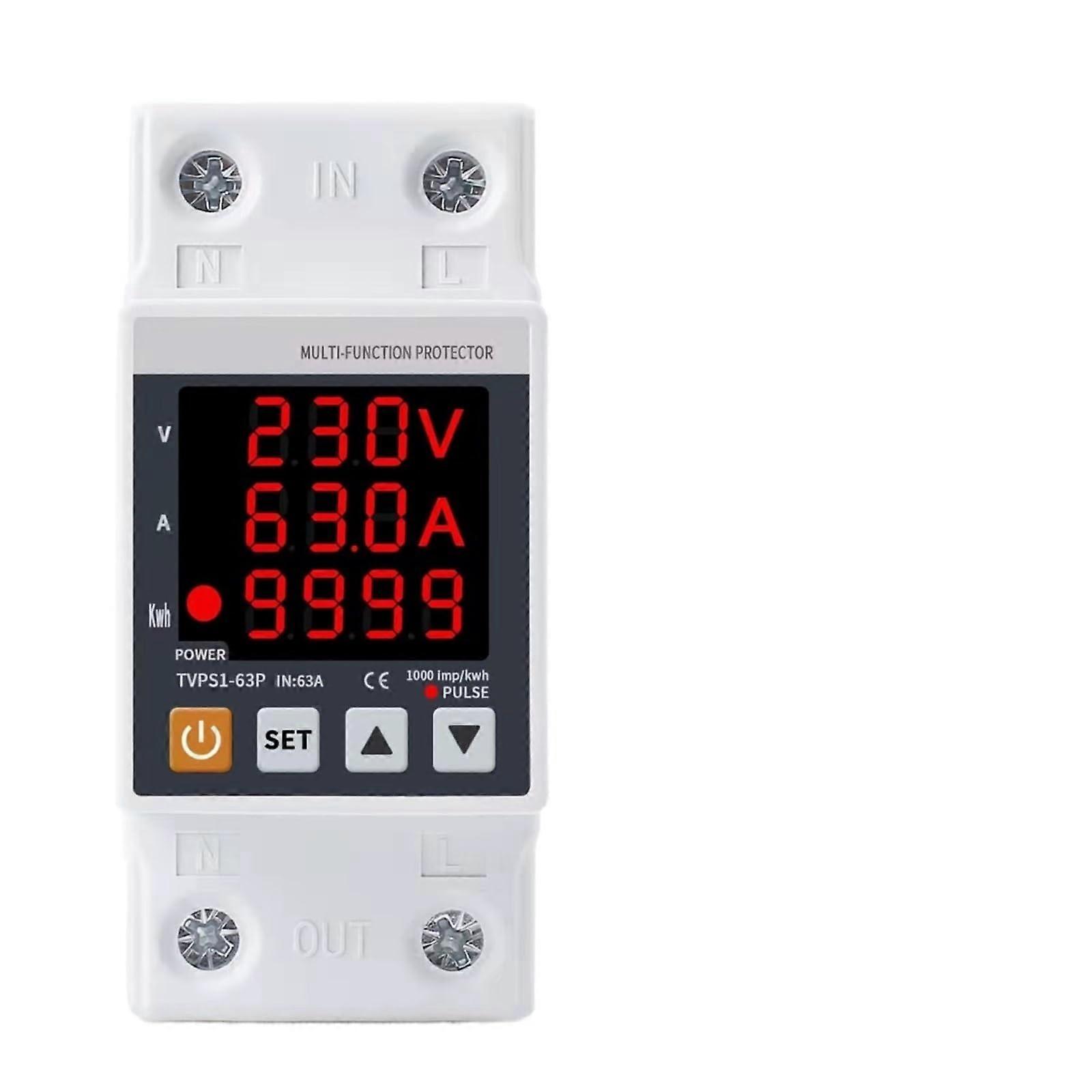 63A 230V DIN Rail Voltage Protection Device with Adjustable Thresholds, Surge Protector and kWh Meter