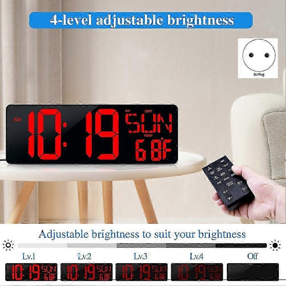 Large Digital Wall Clock 17.2 Inch LED Display Timer with Date Week Auto DST Adjustable Brightness EU Plug