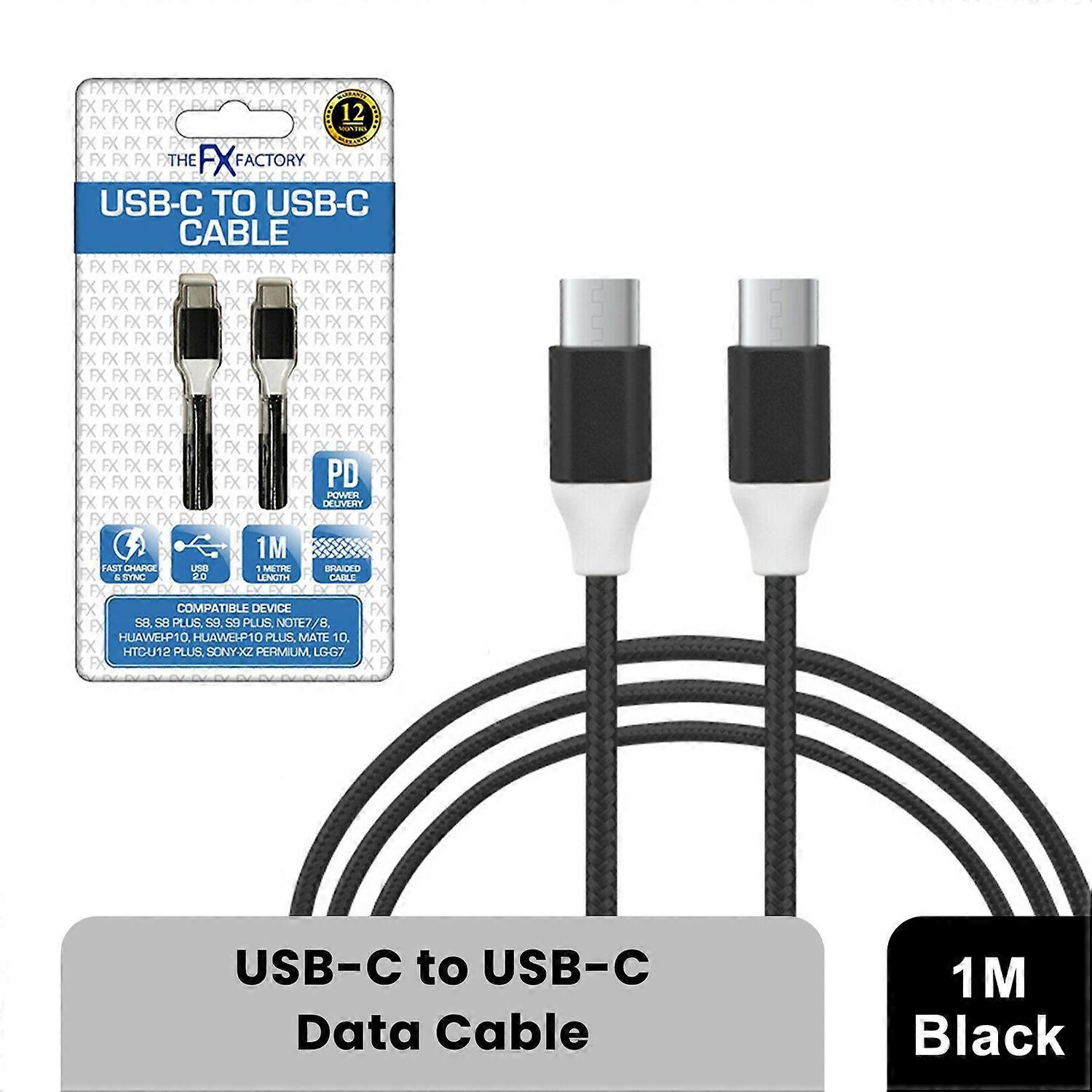 FX Braided Type-C to Type-C Data Cable 1m - Black