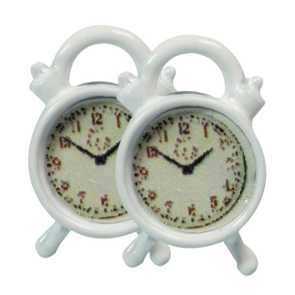 Mini Clock Ornament Alloy Simulation Clock for Decor 2Pcs White
