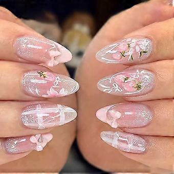 30Pcs French Flower Strawberry Press On Nail With Cats Eye Design And Almond Shape For Women Multicolor