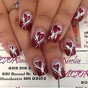 24 Pcs French Tip Stick on Nail Valentines Day Acrylic False Nail Medium Square Press On Nail Heart Artificial Nail
