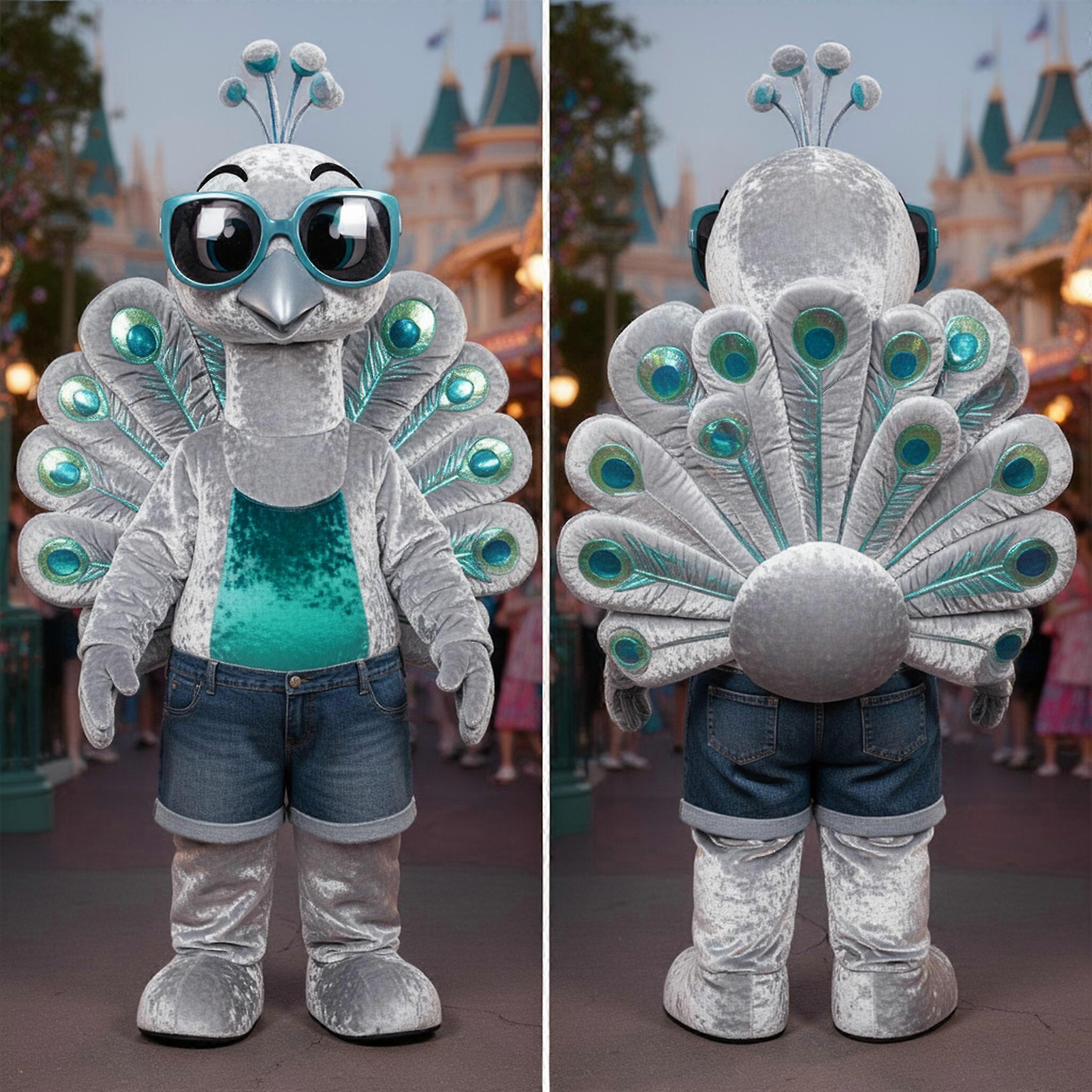 MASTICOT Silver Shimmering Cartoon Peacock Mascot