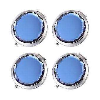 4Pcs Round Double Sides Folding Make up Compact Mirrors Creative Metal Crystal Makeup Mirro Portable Mirror(Sapphire)