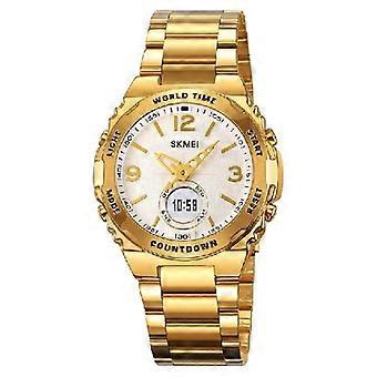 SKMEI 2310 horloge, wereldtijdweergave, analoog en digitaal, alarmfunctie, lichtgevend, roestvrij staal, waterbestendig (3BAR), luxe herenhorloge.