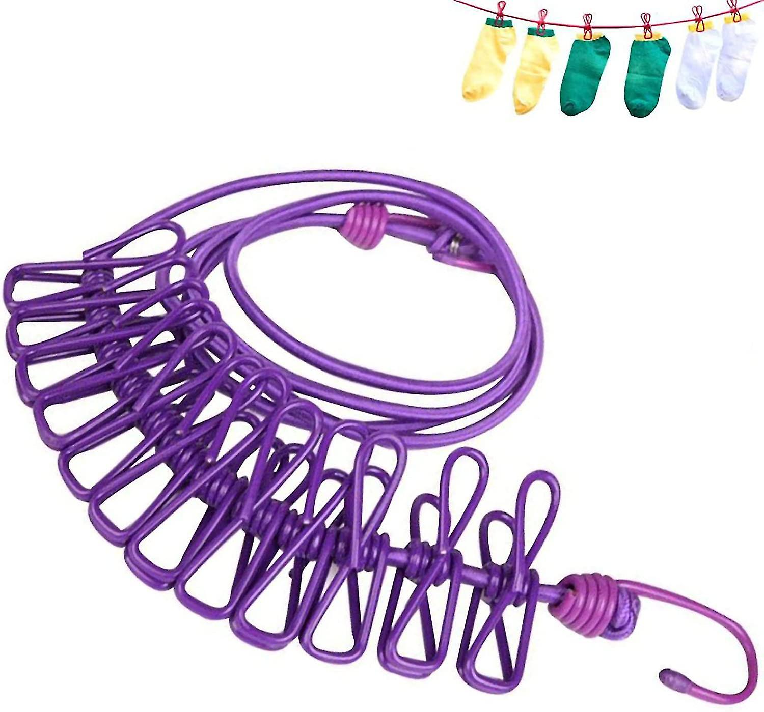2pcs Outdoor Clothesline With Clips,adjustable Elastic Portable, Retractable,portable(purple,blue)