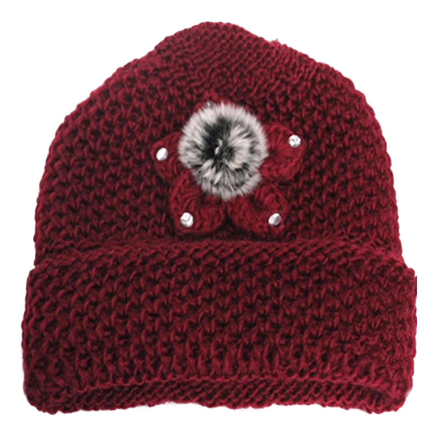 Knitted Hat Flower Decor Handmade Solid Color Stretchy Soft Keep Warm Woolen Yarn Autumn Winter