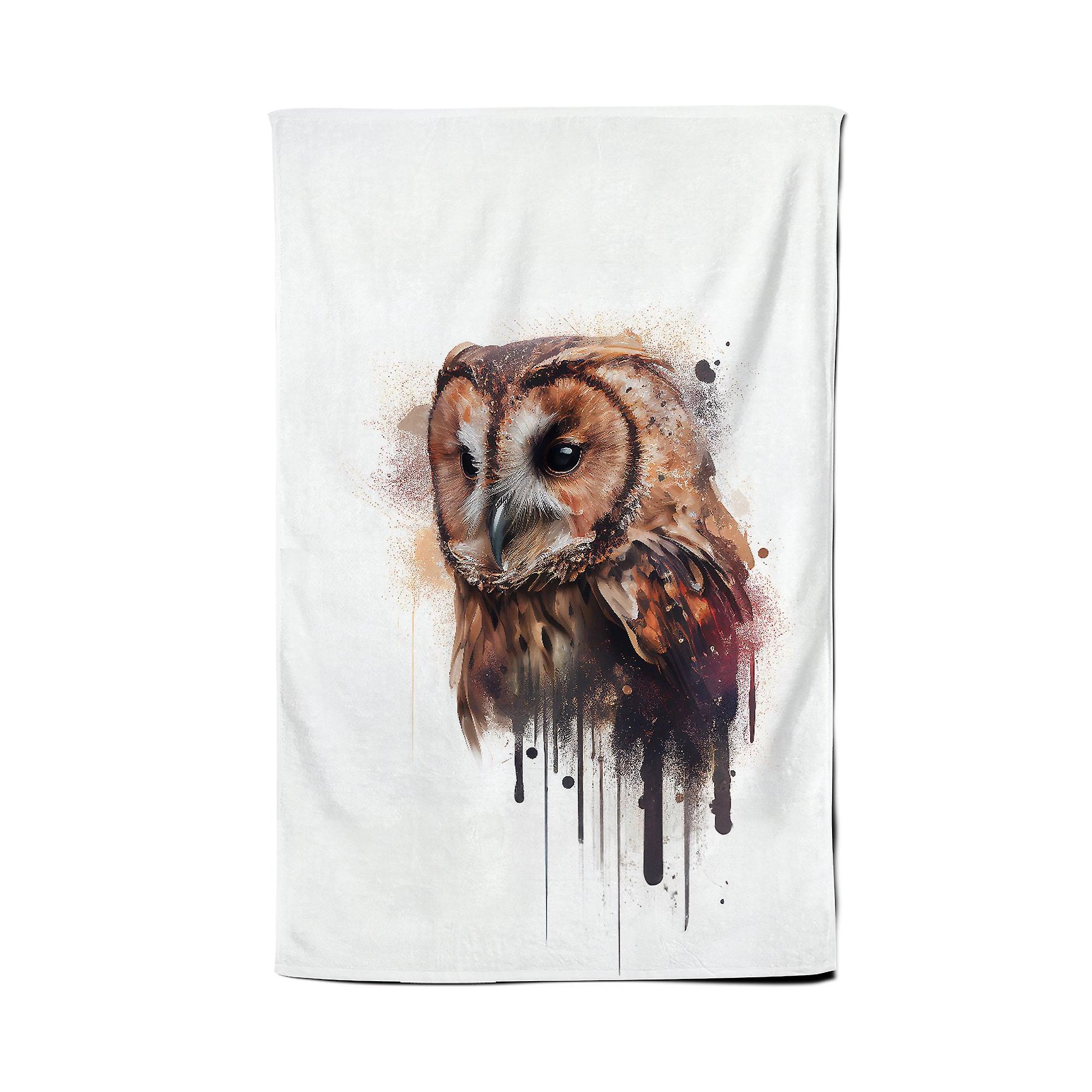 Tawny Owl Face Splashart Light Background Tea Towel