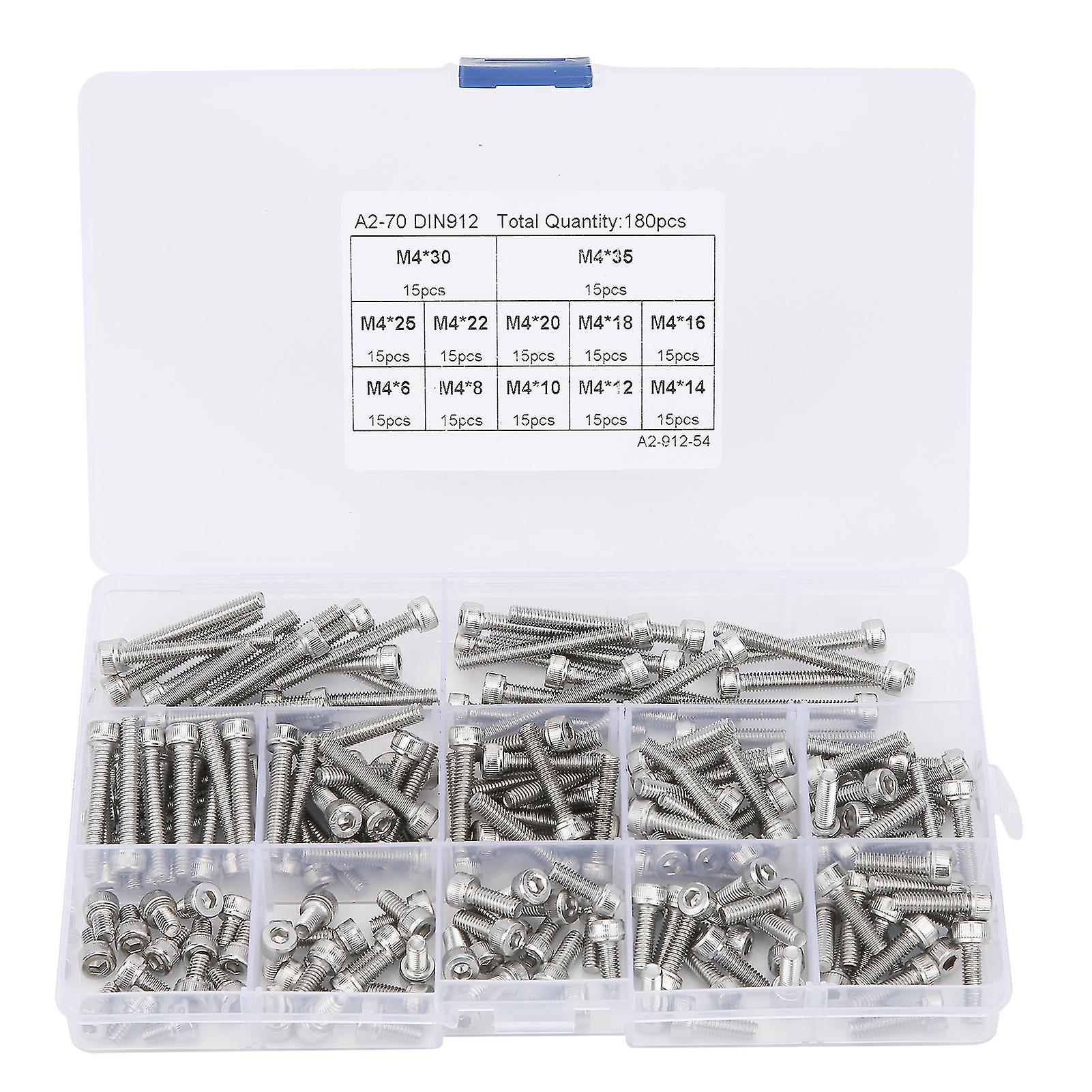 304 Stainless Steel Hex Socket Screw Cap Assortment Kit - Multi-Length Combination Set (180pcs M4)