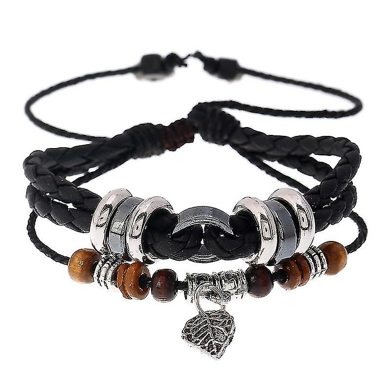 Leaf Pendant Men's Leather Bracelet -  Leaf Pendants Multi-layer Braided Bracelets -  Leaf Pendant String String Woven Bracelet