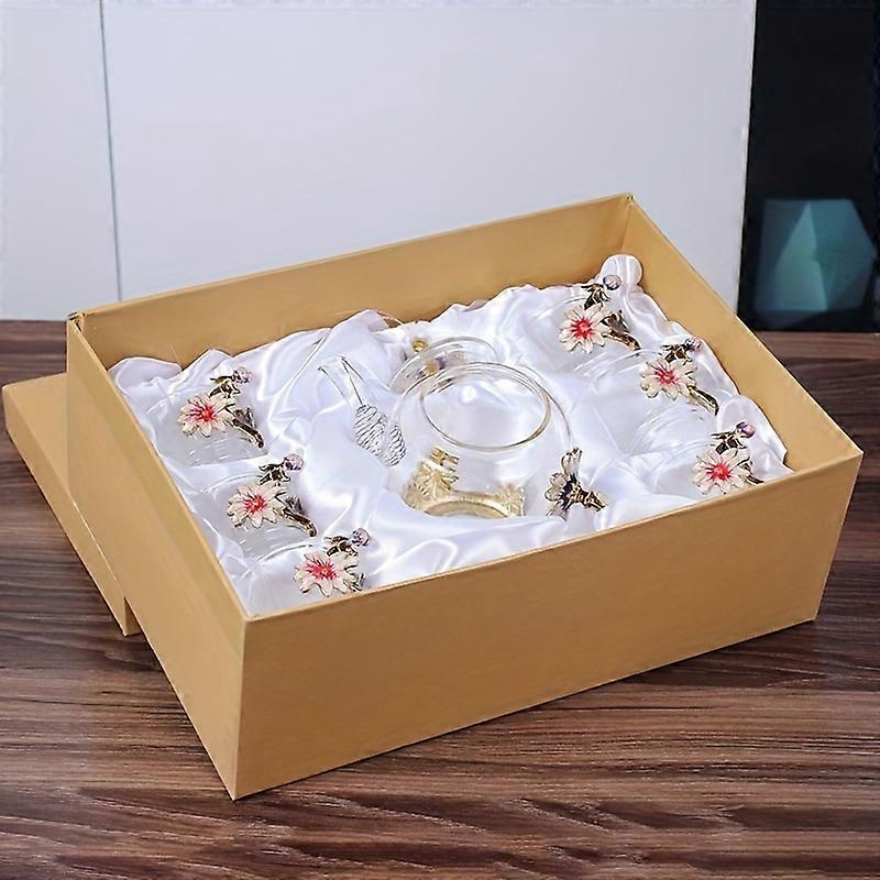 Charming Chinese Style Glass Tea Set - Heat Resistant with Enchanting Flower Enamel - 6-Piece Cups Included - Premium Drinkware for Daily Delight & Me